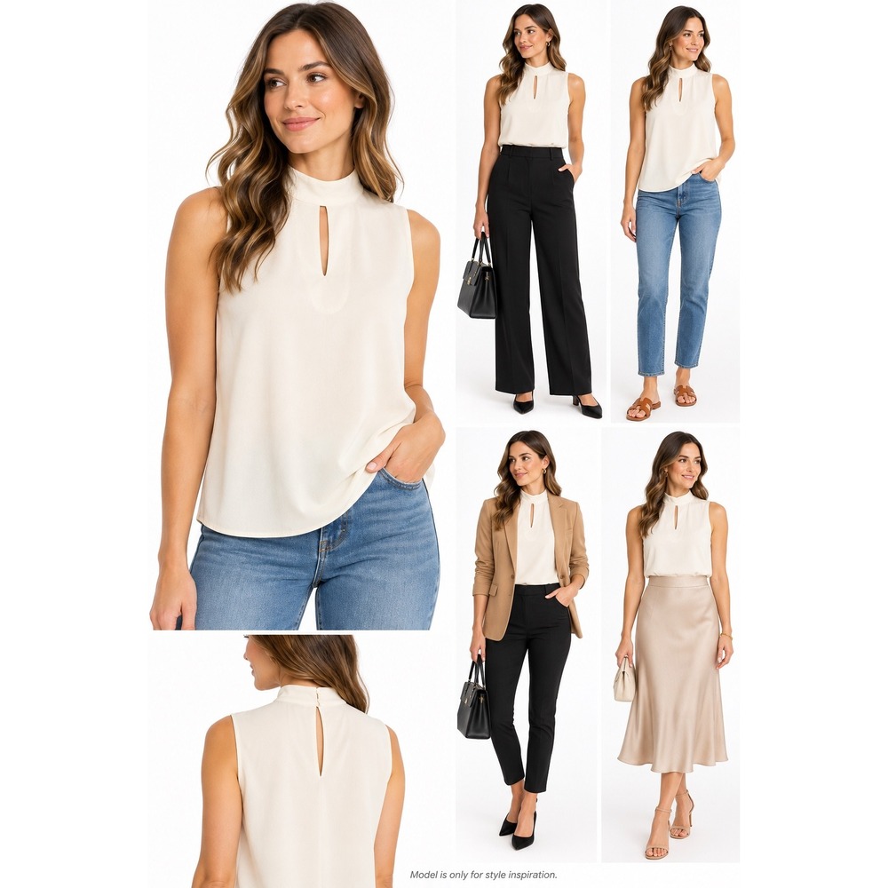 Paper Crane Top Womens Medium Ivory Mock Neck Sleeveless Keyhole Back Blouse